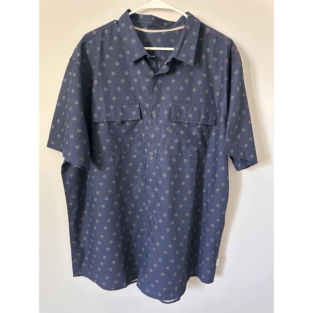 Voyager Mens XXL Blue Compass Print Button Down Shirt Stretch Resort Beach